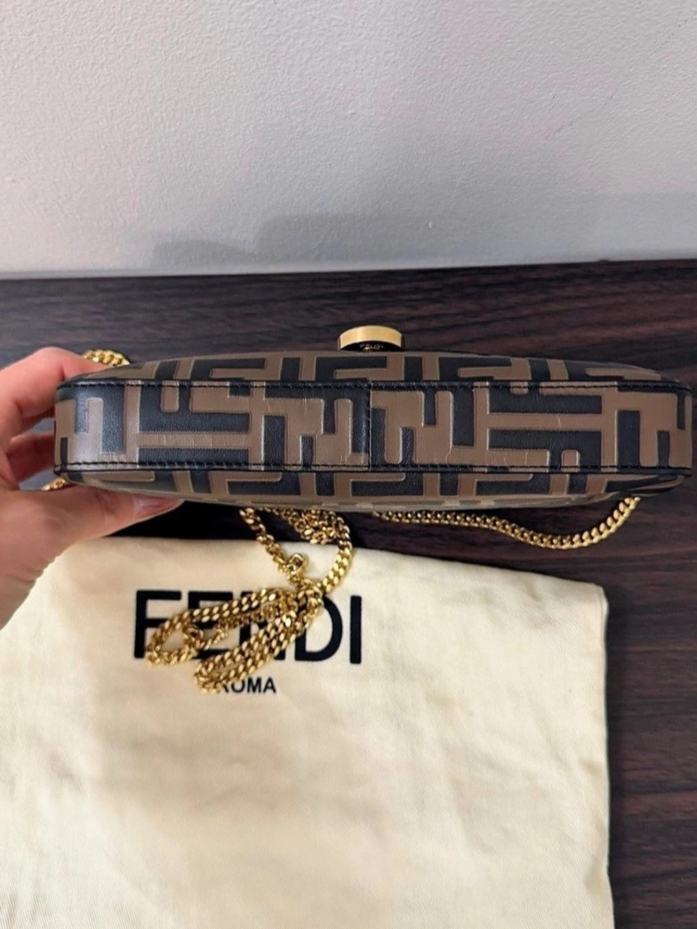 Fendi WOC FF Zucca Bicolor Leather Wallet on Chain Crossbody Bag Brown - Picture 15 of 15